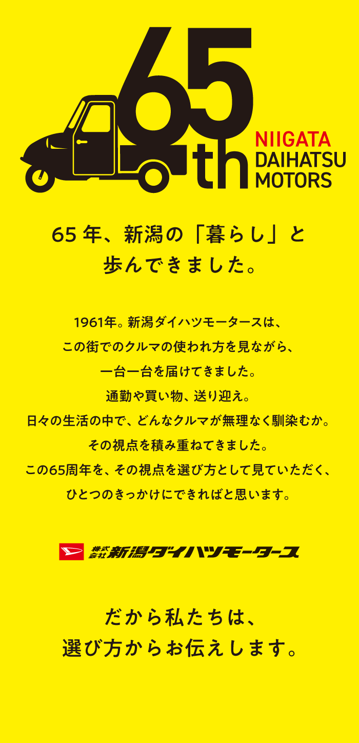 65年、新潟の「暮らし」と歩んできました。1961年。新潟ダイハツモータースは、この街でのクルマの使われ方を見ながら、一台一台を届けてきました。通勤や買い物、送り迎え。日々の生活の中で、どんなクルマが無理なく馴染むか。その視点を積み重ねてきました。この65周年を、その視点を選び方として見ていただく、ひとつのきっかけにできればと思います。 株式会社新潟ダイハツモータース だから私たちは、選び方からお伝えします。